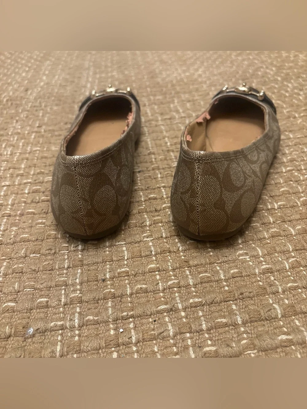 Coach Brown Logo Ballet Flats with Black Cap Toe and Gold Accent